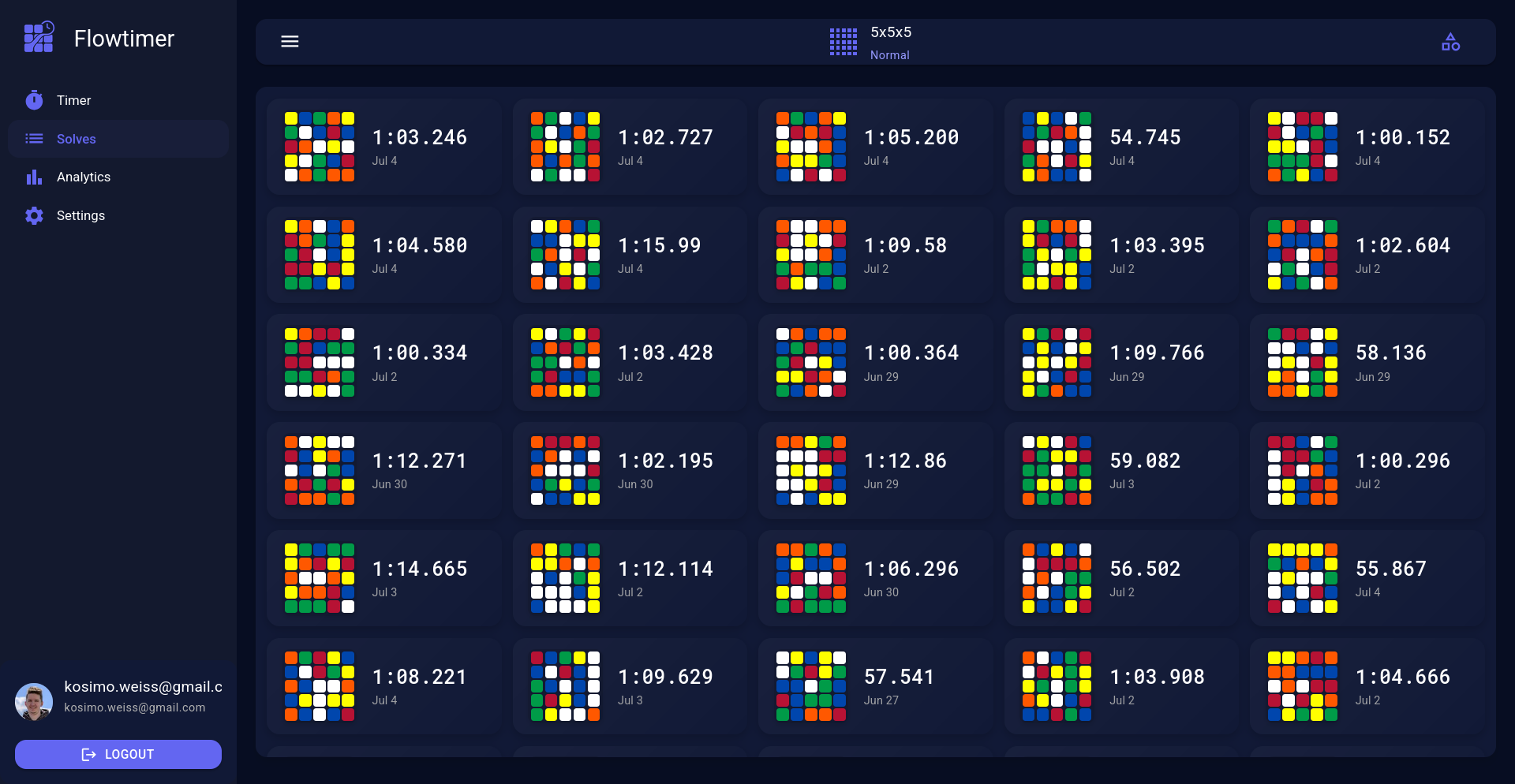 Flowtimer solve history showing grid of cube state visualizations with solve times and dates